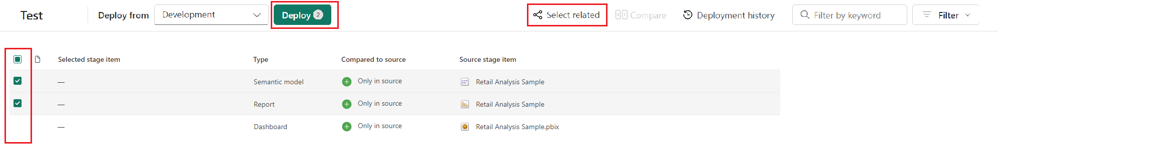 Uma captura de tela mostrando a opção de implantação seletiva em pipelines de implantação.