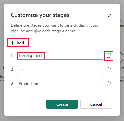 Screenshot of the customize pipeline dialog. The Add and delete options are outlined, as is the name of the development stage.