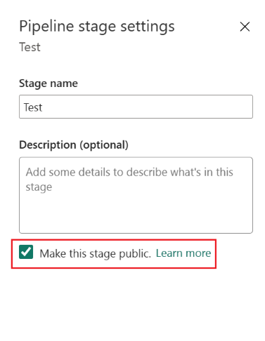 Screenshot of the stage settings with the make this stage public checkbox highlighted.