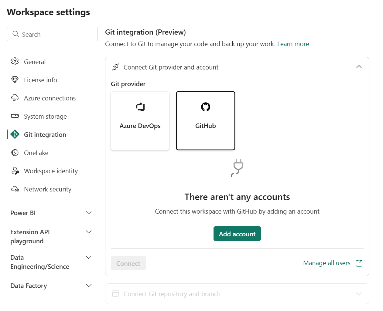 Captura de tela da janela de integração do GitHub sem nenhuma conta existente para selecionar.