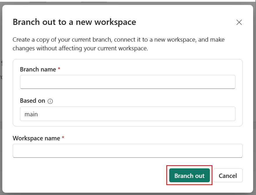 Captura de tela da ramificação especificando o nome do novo branch e espaço de trabalho.