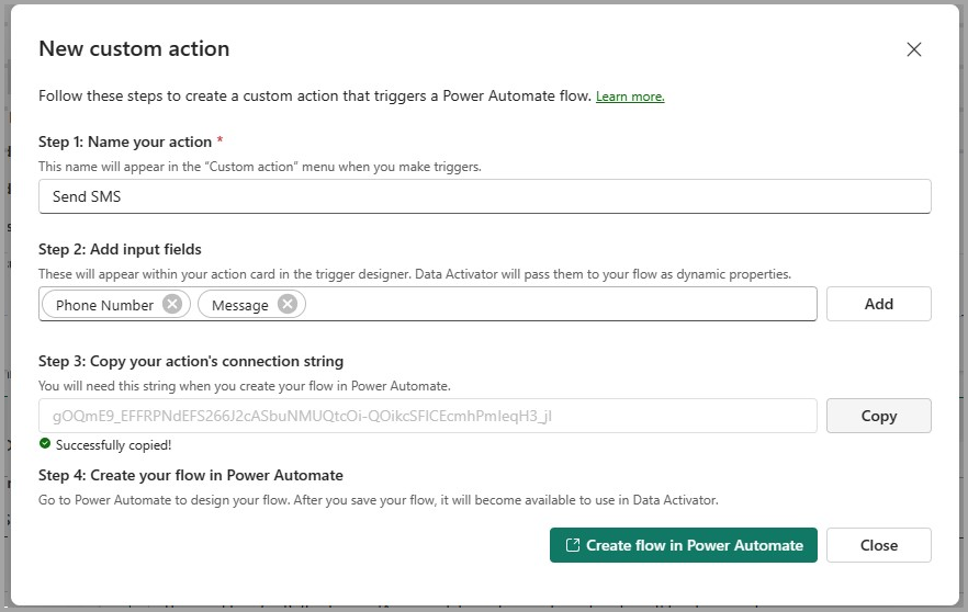 Captura de tela da criação de uma nova ação personalizada do data activator.