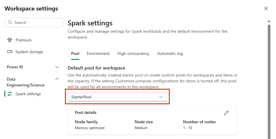 Captura de tela mostrando as opções de configuração do pool.