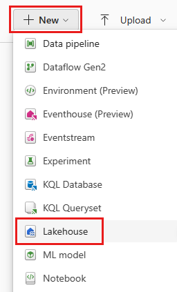 Captura de tela mostrando a opção Lakehouse no menu Novo.
