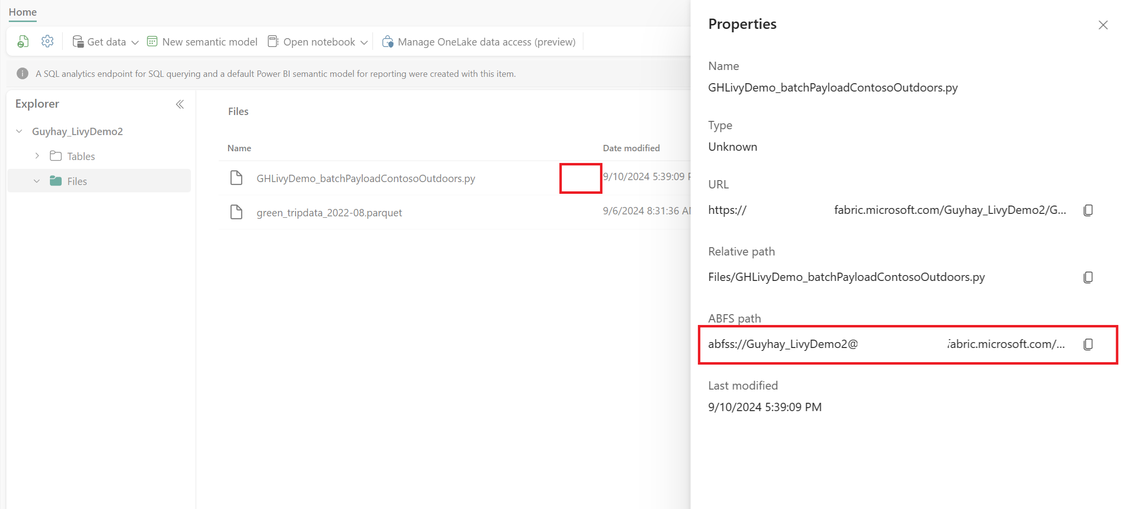 Captura de tela mostrando o caminho ABFS de conteúdo nas Propriedades do arquivo no Lakehouse.