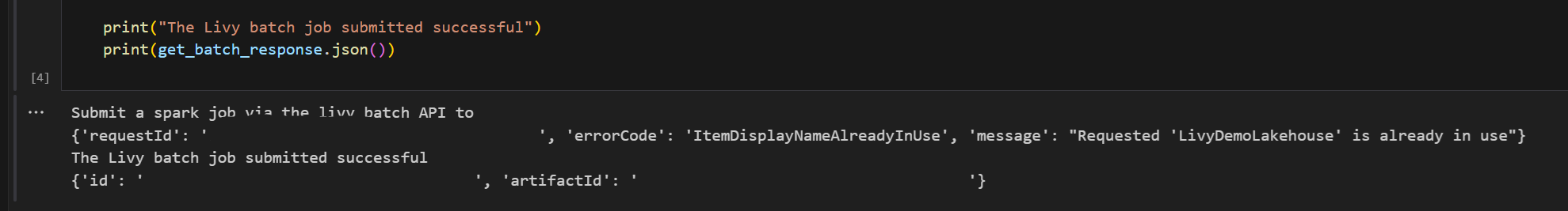 Captura de tela mostrando os resultados no Visual Studio Code após o Trabalho em Lote Livy ter sido enviado com sucesso.