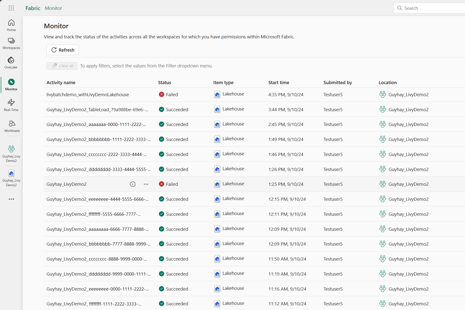 Captura de tela mostrando envios anteriores da API Livy no hub de Monitoramento.