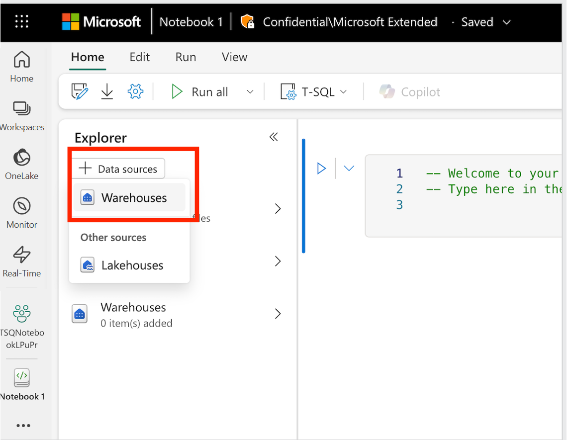 Captura de tela da adição de data warehouse ou endpoint SQL ao notebook.