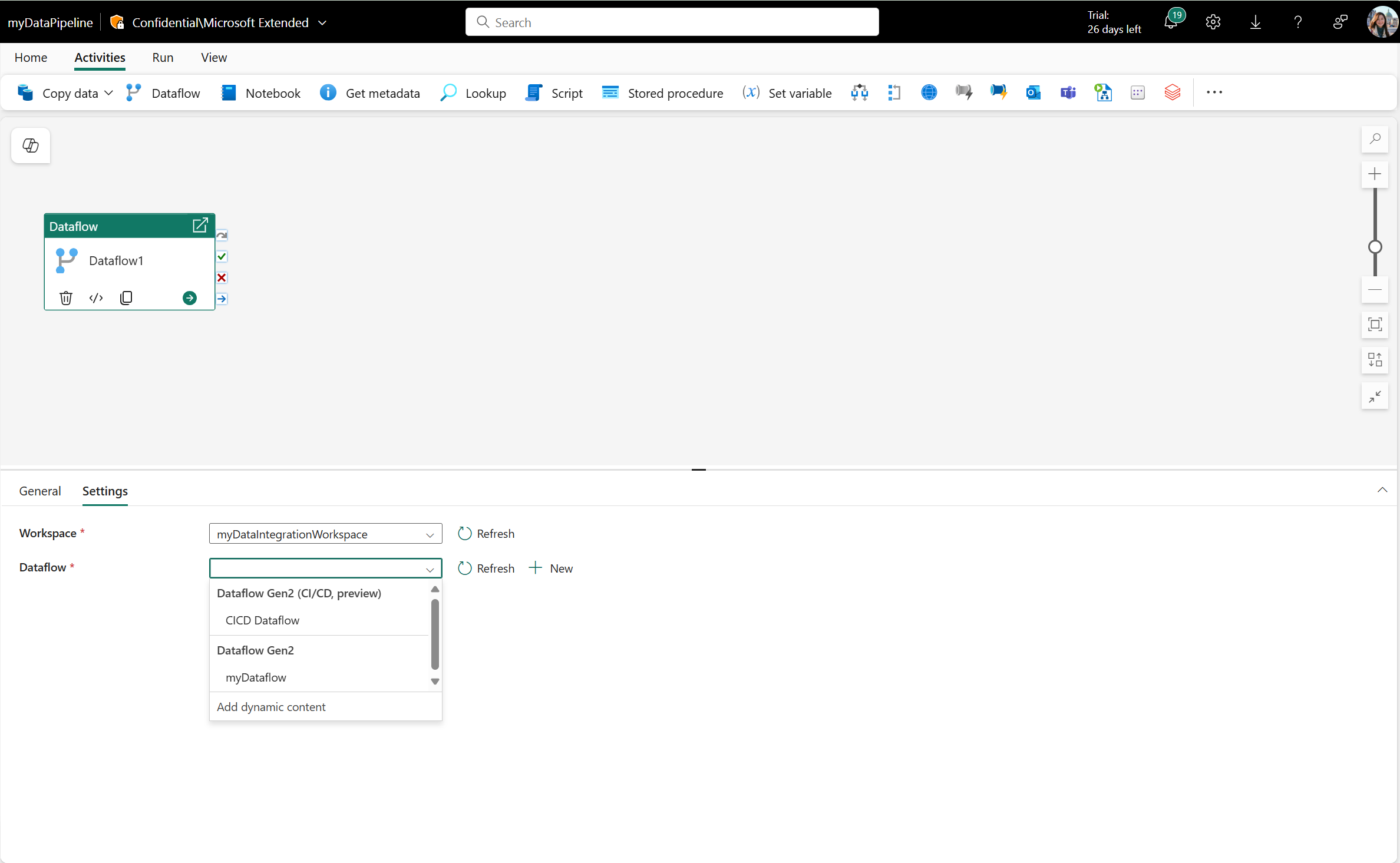 Captura de tela mostrando o menu suspenso com uma lista de fluxos de dados para selecionar na guia Configurações da atividade de fluxo de dados