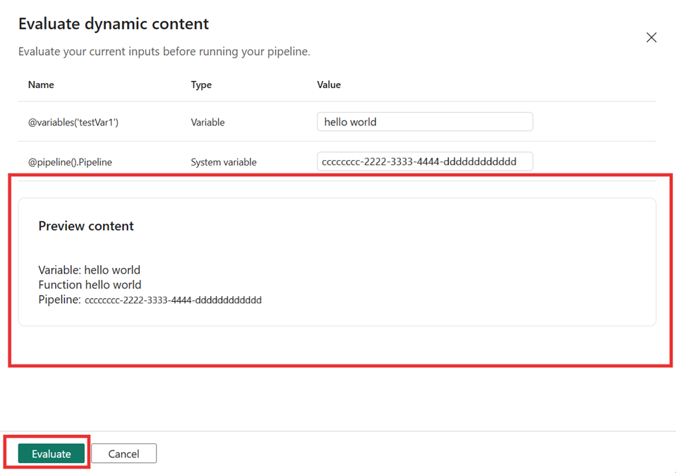 Captura de tela da avaliação do conteúdo dinâmico e da visualização da expressão.