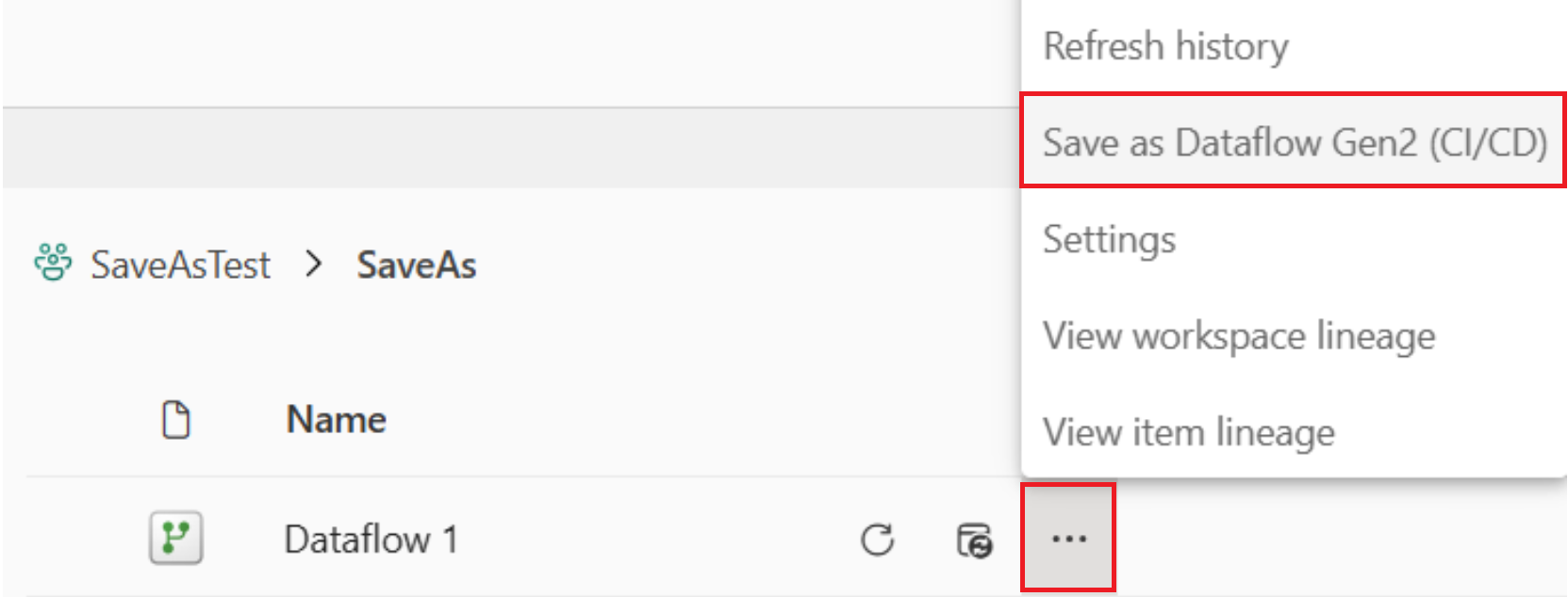 Captura de tela do menu de contexto nas reticências, que mostra a opção Salvar como Fluxo de dados Gen2 (CI/CD).