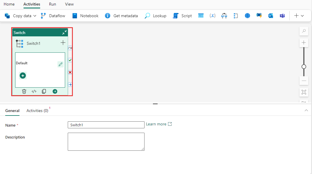 Captura de tela mostrando a guia Configurações gerais da atividade de comutador.