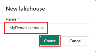 Captura de tela mostrando a caixa de diálogo de criação de um lakehouse.