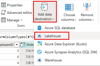 Captura de tela mostrando a faixa de opções do lakehouse de destino de dados.