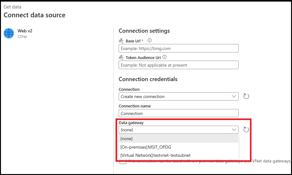 Captura de tela que mostra a caixa de diálogo de conexão do gateway de dados para a atividade do WebHook.