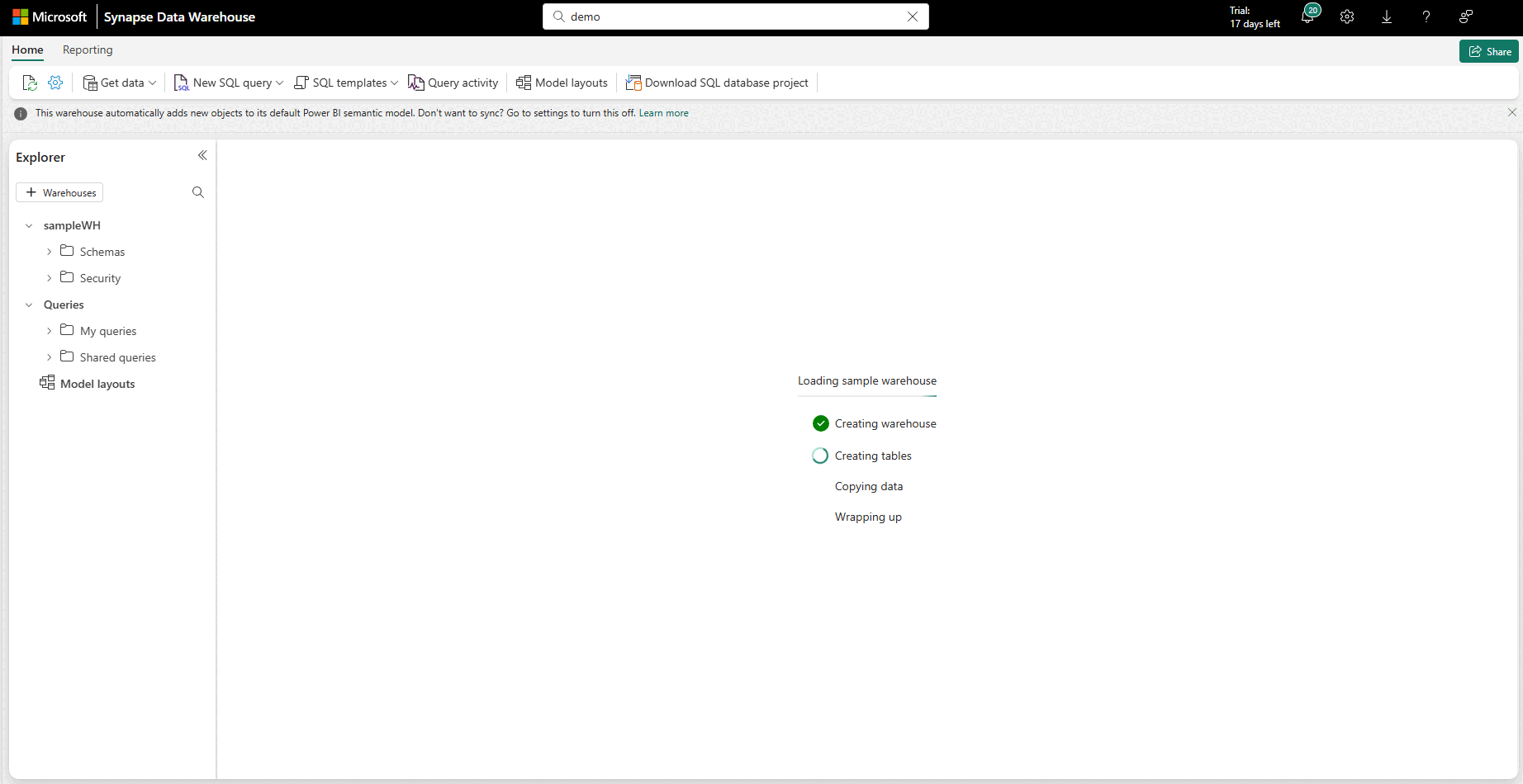 Captura de tela mostrando o carregamento de dados de exemplo no Warehouse.