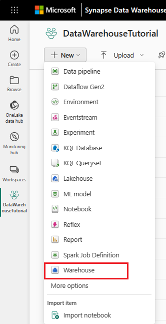 Captura de tela mostrando onde selecionar Novo e Warehouse no modo de exibição de lista do workspace.