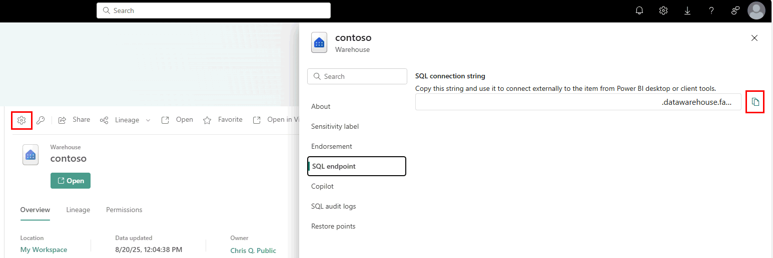 Captura de tela do portal do Fabric da janela de Configurações, página de endpoint SQL.