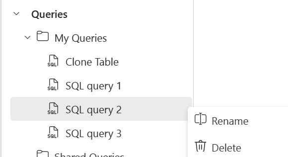 Captura de tela do painel Explorer no portal do Fabric, mostrando onde clicar com o botão direito do mouse na consulta e selecionar Renomear.