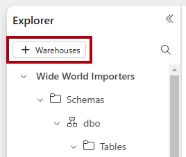 Captura de tela do painel Explorer, realçando o botão + Warehouse.