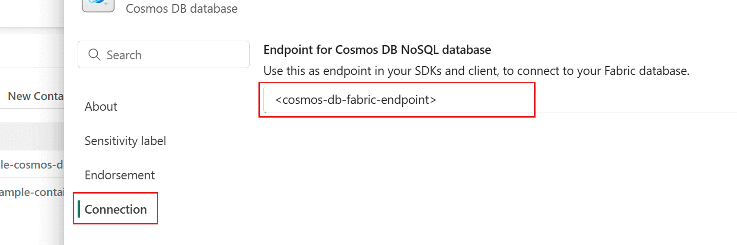 Captura de tela da seção 'Conexão' da caixa de diálogo 'Configurações' de um banco de dados no portal do Fabric.