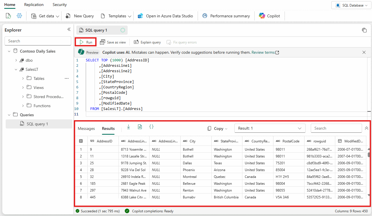 Captura de tela do portal do Fabric da guia de resultados do editor de consultas SQL e do conjunto de resultados.
