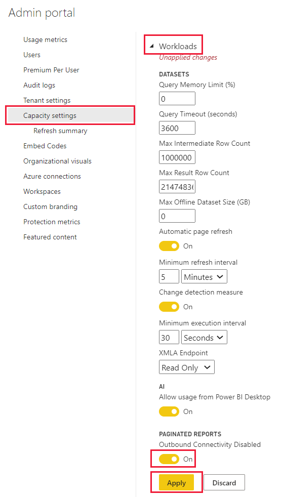 Uma captura de tela da configuração de conectividade de saída dos relatórios paginados.