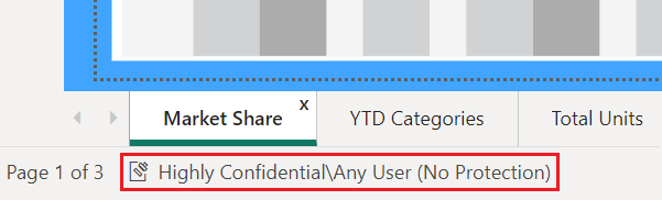 Captura de tela que mostra um rótulo de confidencialidade realçado na barra de status da área de trabalho Power BI.