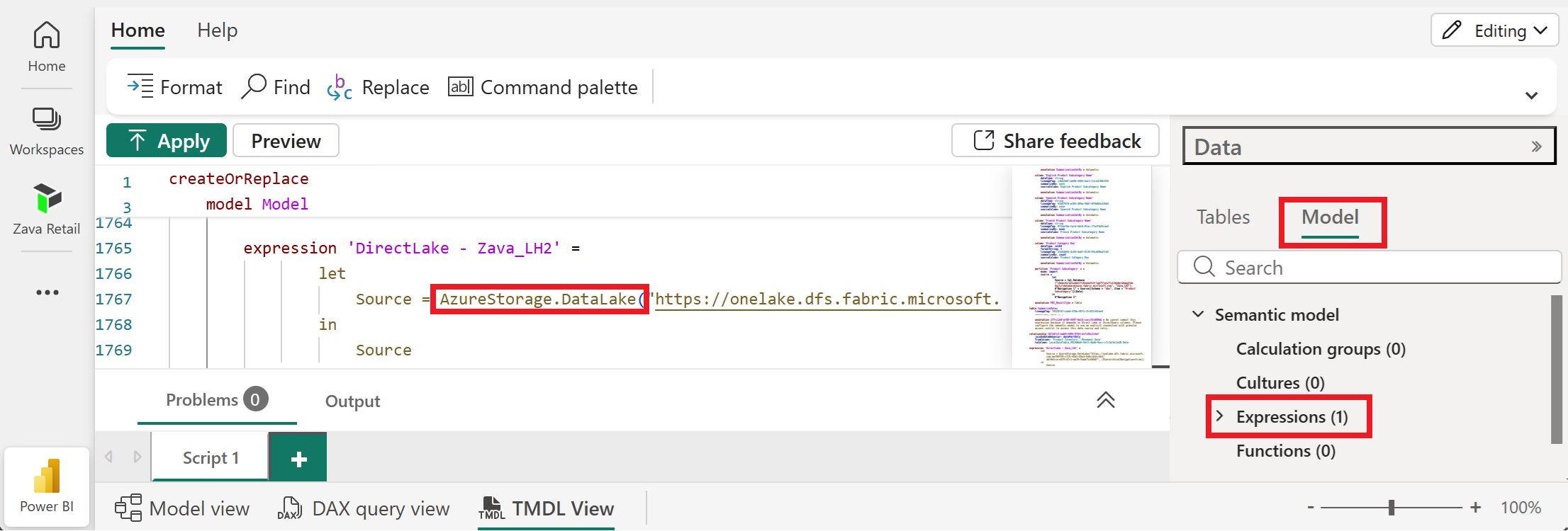 Captura de tela mostrando o conector do Azure Data Lake Storage Gen2 no modo de exibição TMDL para um modelo do Direct Lake no OneLake.