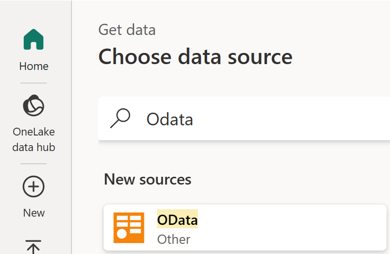 Captura de tela mostrando a seleção do conector para OData.