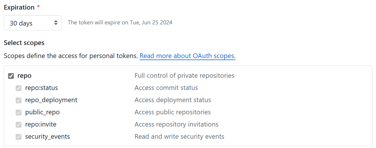 Captura de tela dos escopos de token clássico do GitHub.