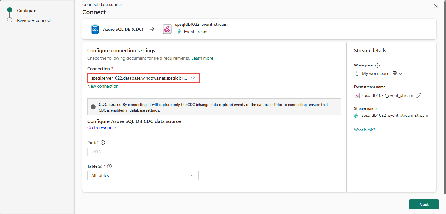 Captura de tela que mostra a página Conectar com uma conexão existente selecionada.