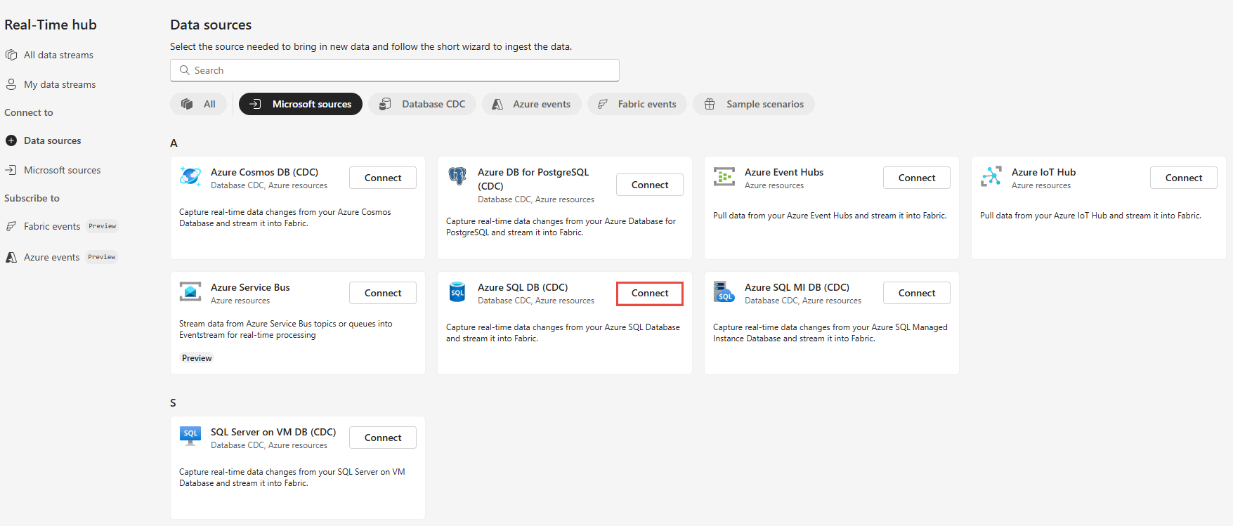 Captura de tela mostrando a escolha do Banco de Dados SQL do Azure (CDA) como o tipo de fonte na página Fontes de dados.