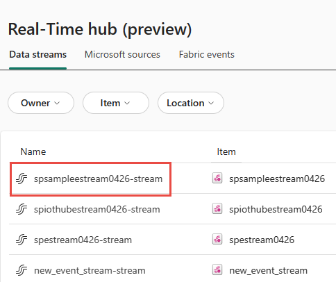 Captura de tela que mostra o hub em Tempo Real com um fluxo de dados selecionado.