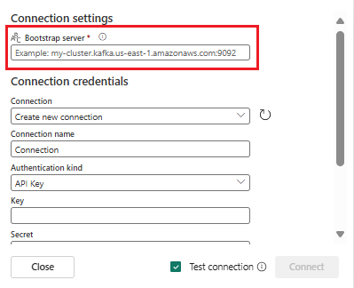 Captura de tela que mostra a seleção do campo do servidor Apache Kafka Bootstrap na página Conectar do assistente para obter eventos.