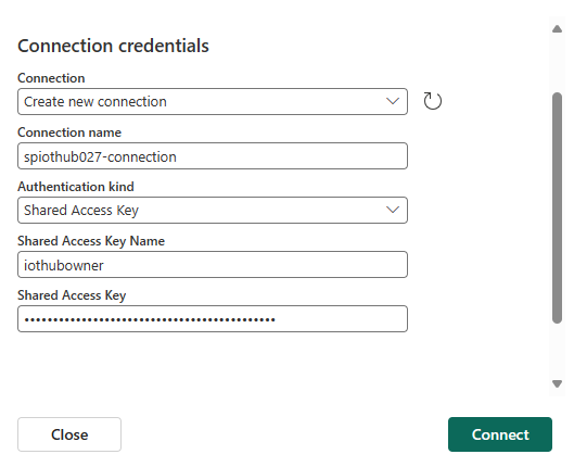 Captura de tela mostrando a página um de Conectar para o conector do Hub IoT do Azure.