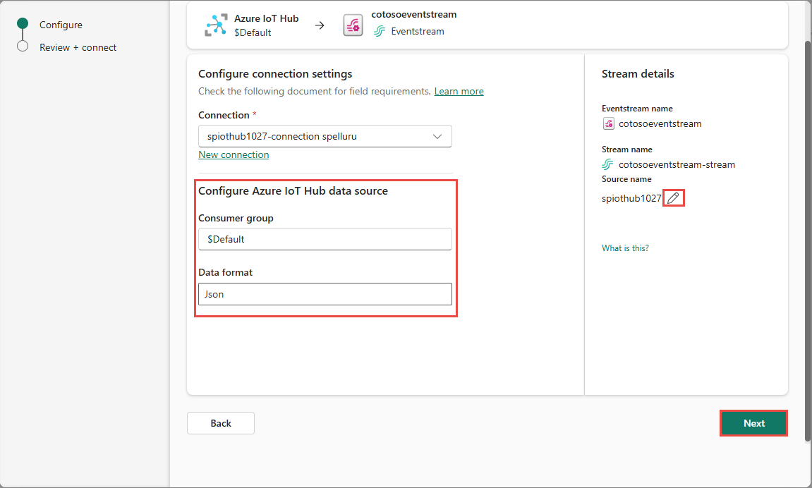Captura de tela mostrando a página dois de Conectar para o conector do Hub IoT do Azure.