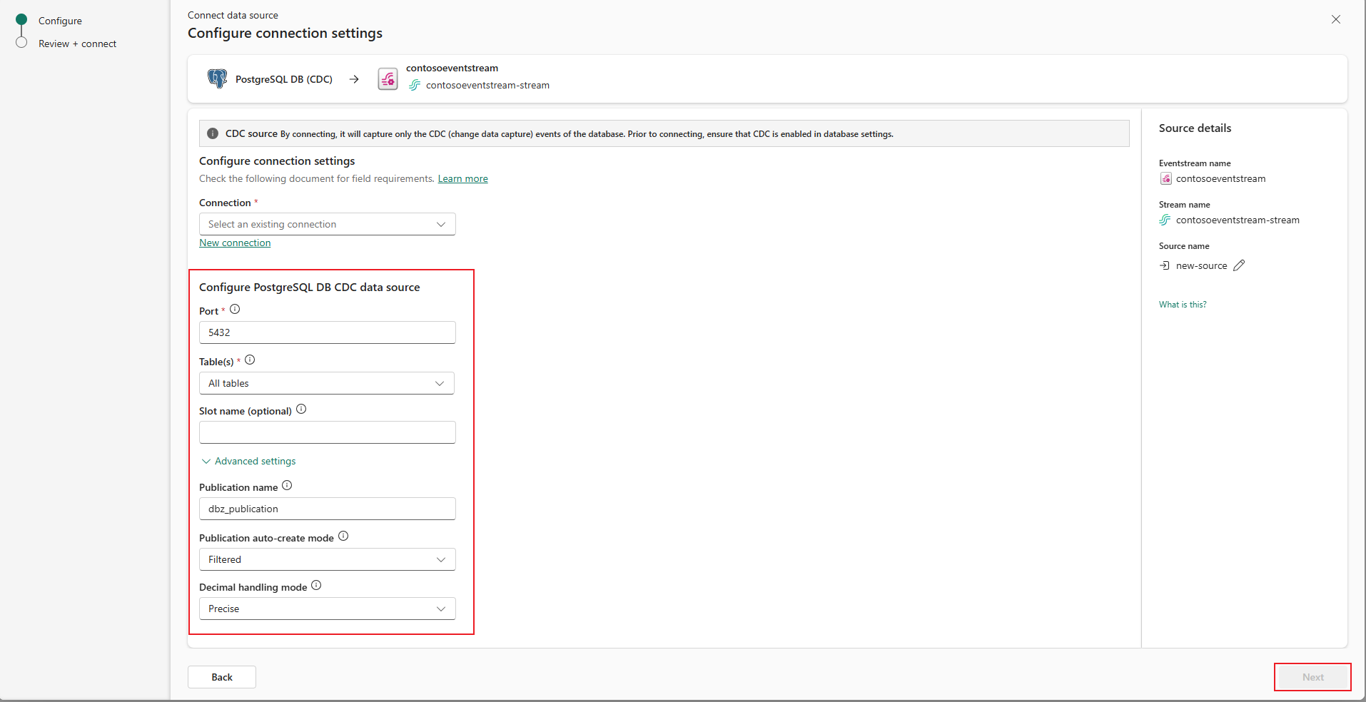 Captura de tela mostrando a página Conectar preenchida para o conector de Banco de Dados PostgreSQL do Azure.