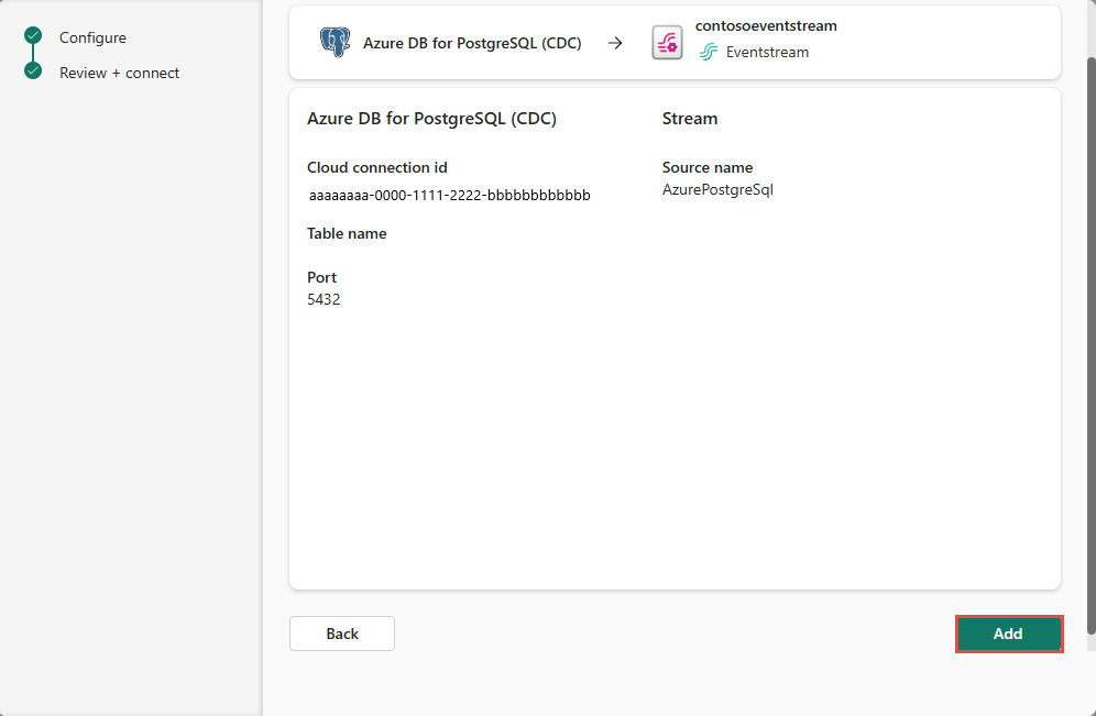 Captura de tela mostrando a página Revisar e criar preenchida para o conector de Banco de Dados PostgreSQL do Azure.
