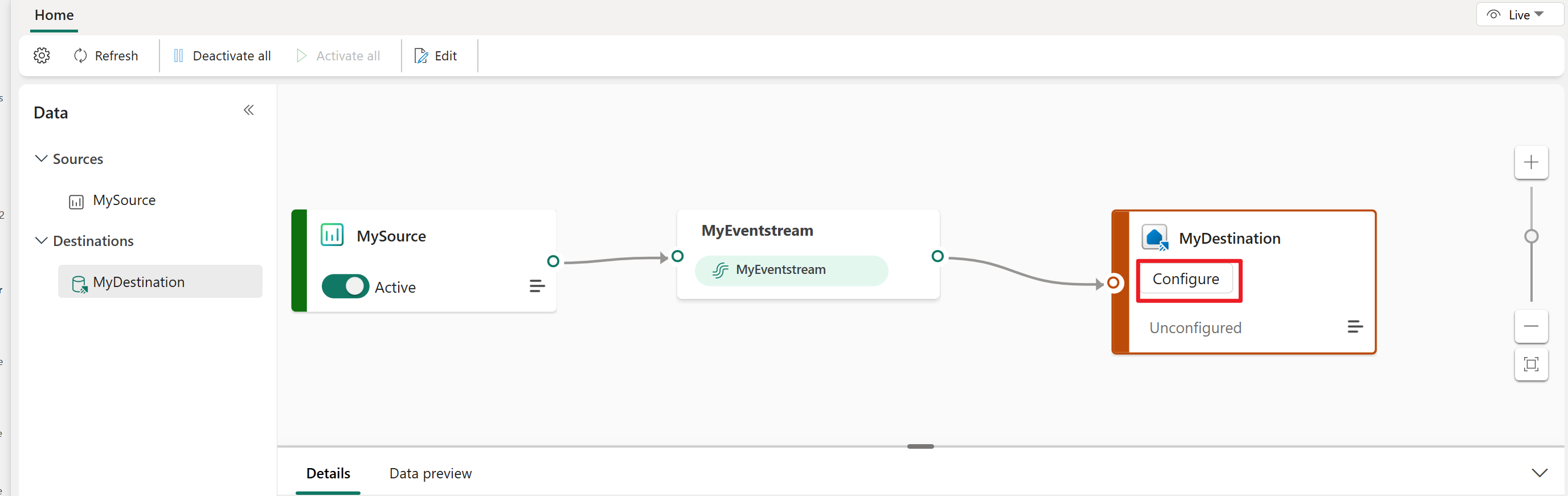 Captura de tela do Eventstream publicado com o botão Configurar no destino do Banco de Dados KQL realçado.