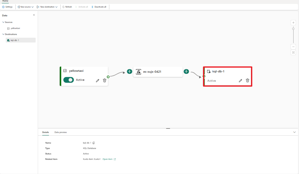 Captura de tela mostrando o novo destino do modo pull do banco de dados KQL.