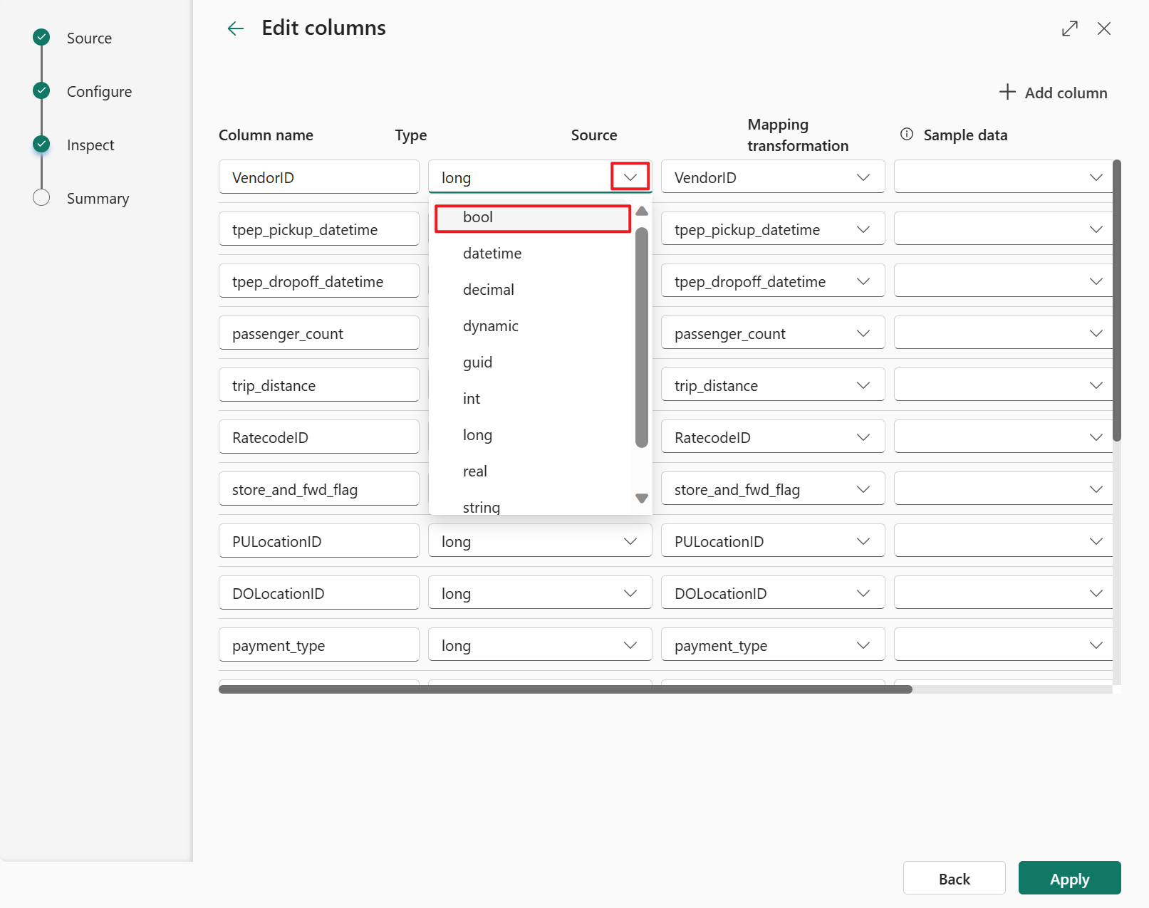 Captura de tela mostrando a alteração, o nome da coluna e o tipo de dados da tela de ingestão de dados para criar um destino do banco de dados KQL.