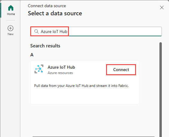 Captura de tela mostrando a escolha do Hub IoT do Azure como o tipo de fonte no assistente Obter eventos.