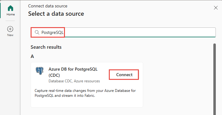 Captura de tela que mostra a seleção do Banco de Dados do Azure para PostgreSQL (CDA) como o tipo de fonte no assistente Obter eventos.