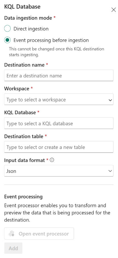 Captura de tela da tela de configuração de destino do modo push do banco de dados KQL.