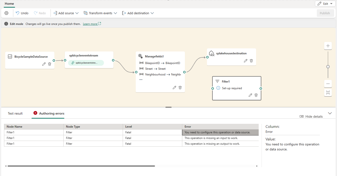 Captura de tela mostrando a guia Erros de criação.