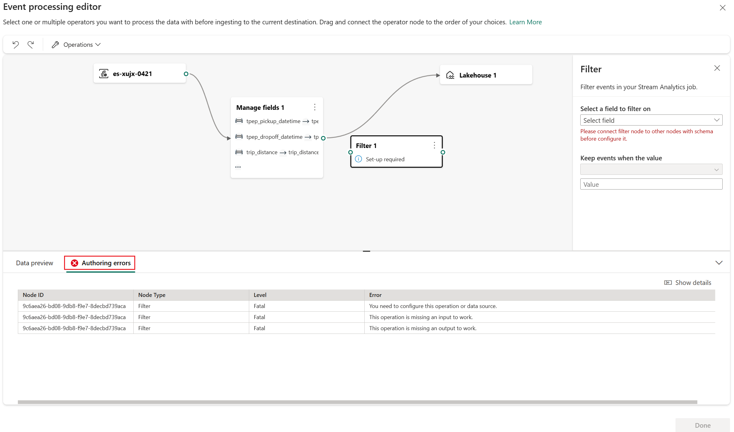 Captura de tela mostrando como visualizar os dados no editor do processador de eventos.