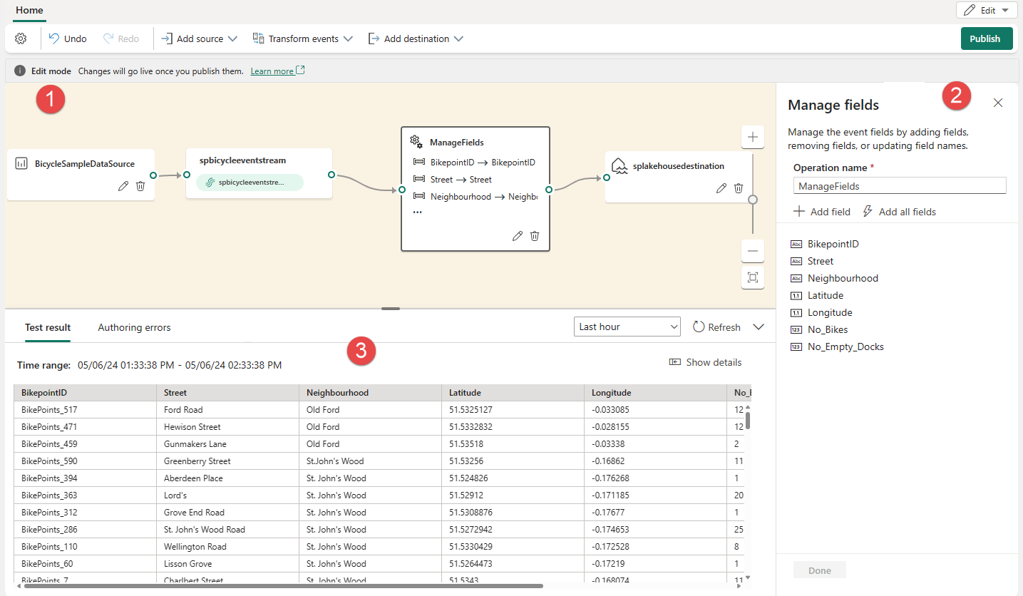 Captura de tela mostrando o layout do Editor de processamento de eventos para um Eventstream com recursos avançados.
