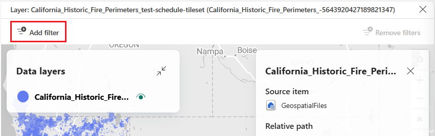 Uma captura de tela da interface Mapas do Fabric mostrando o botão Adicionar filtro no canto superior esquerdo do painel de camadas acima do mapa.