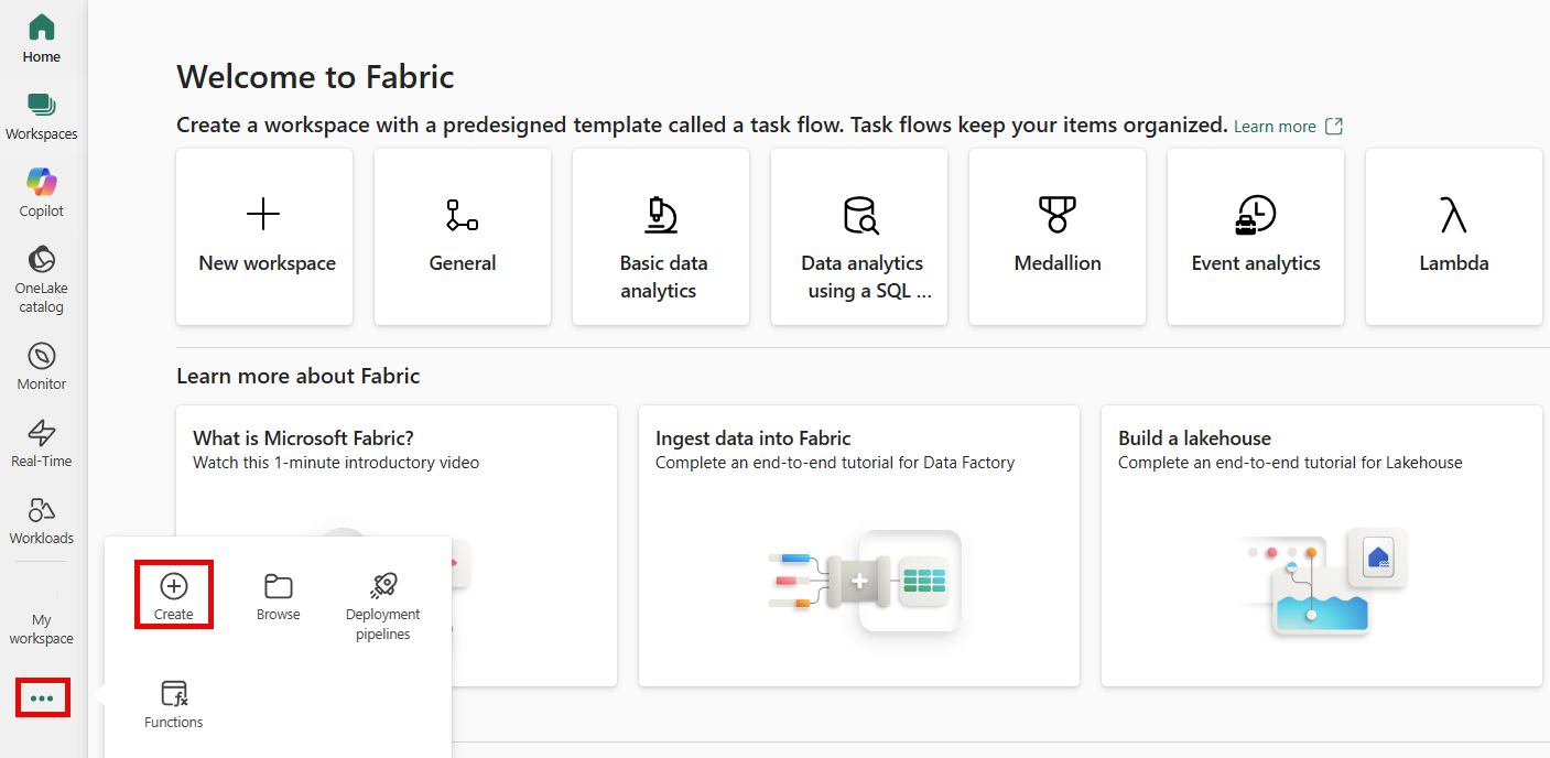 Captura de tela do botão Criar no painel de navegação esquerdo.